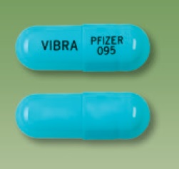Blue Capsule pill with imprint Vibra;Pfizer;095 — Vibramycin hyclate Doxycycline hyclate 100 mg; (view 2)